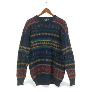 VTG 90s Handframed Woolrich 100% Wool Navy Multicolor Fair Isle Sweater Large
